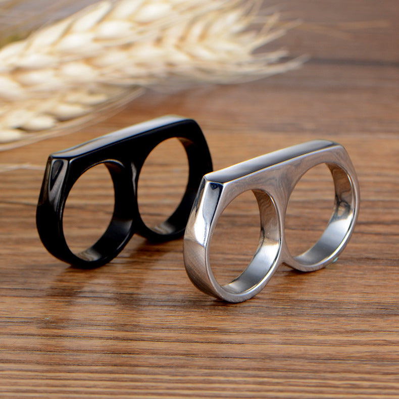 Steel Double Finger Hip Hop Glossy Ring