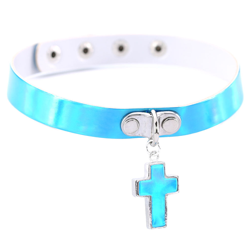 Style Cross Luminous Laser Leather Short Clavicle Necklaces