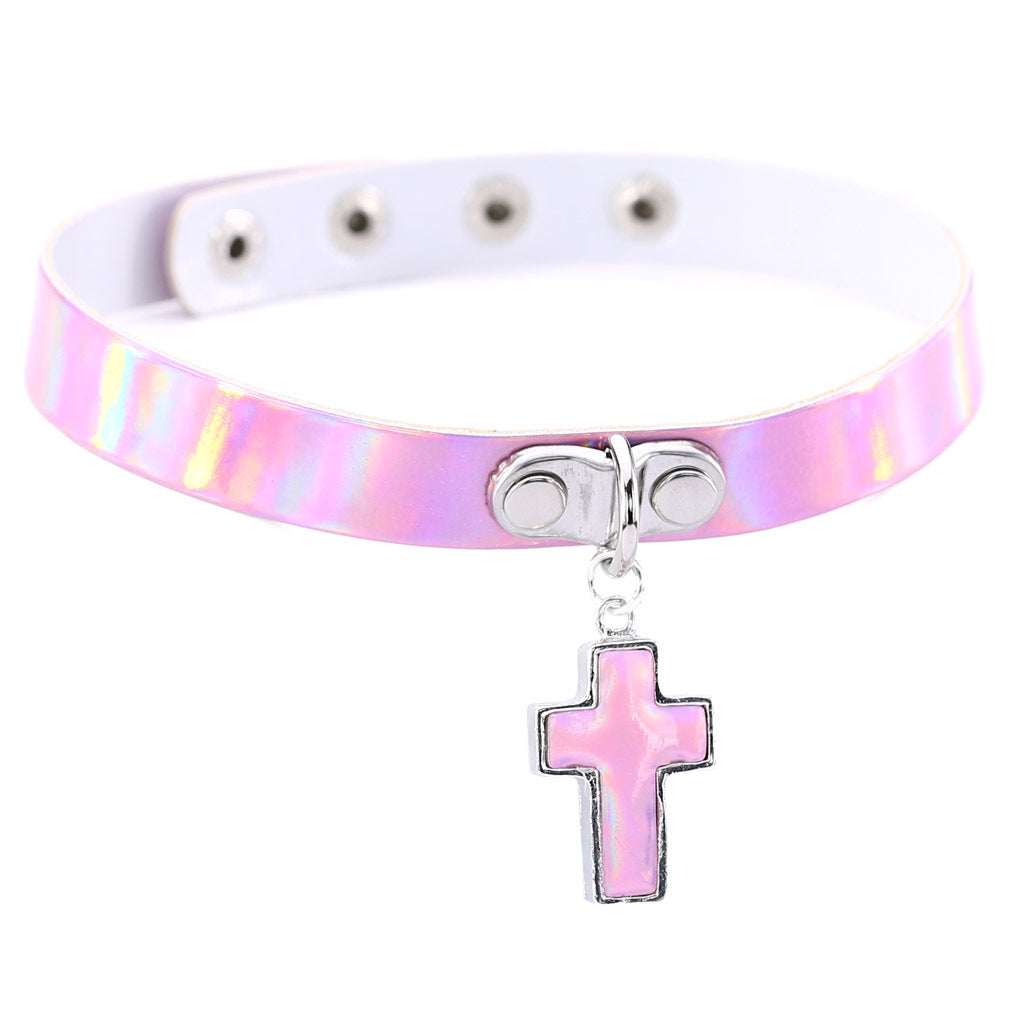 Style Cross Luminous Laser Leather Short Clavicle Necklaces