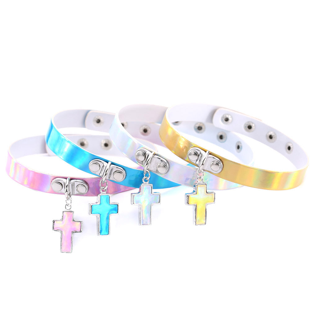 Style Cross Luminous Laser Leather Short Clavicle Necklaces