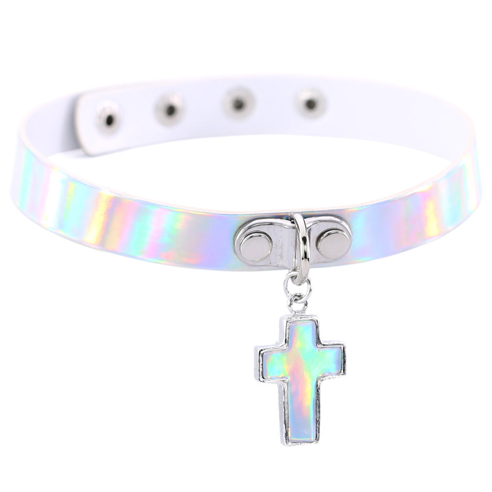 Style Cross Luminous Laser Leather Short Clavicle Necklaces