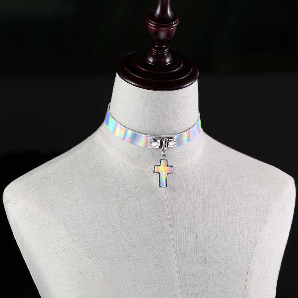 Style Cross Luminous Laser Leather Short Clavicle Necklaces
