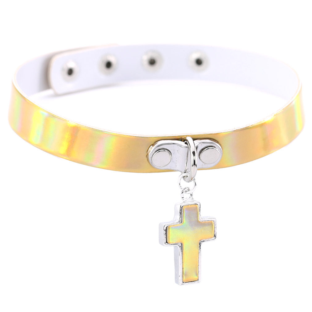Style Cross Luminous Laser Leather Short Clavicle Necklaces