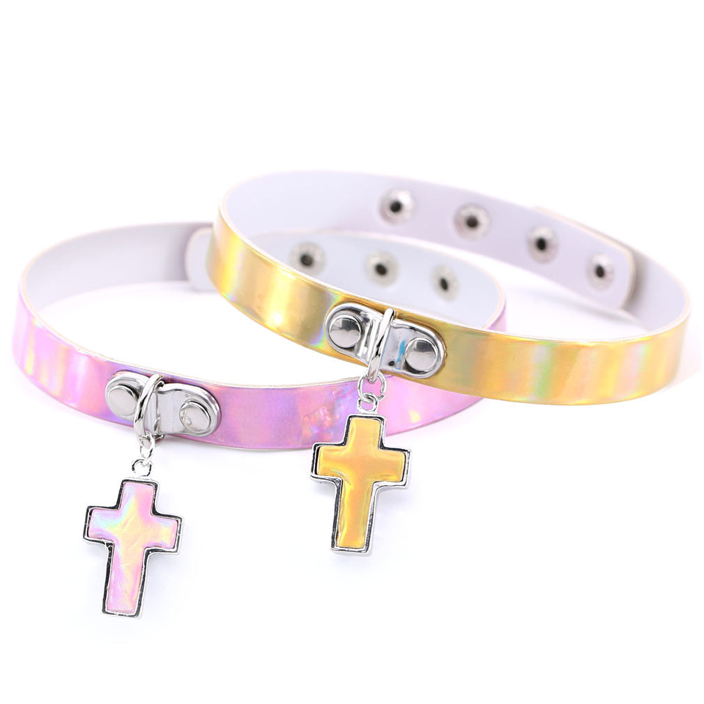 Style Cross Luminous Laser Leather Short Clavicle Necklaces