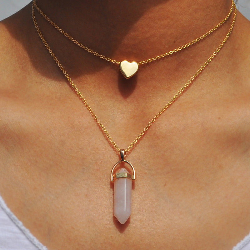 Women's Popular Hexagon Prism Double Layer Fashionable Golden Necklaces