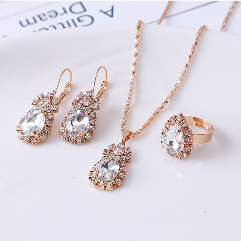 Glamorous Water Drop Rhinestone Bridal Three-piece Jewelry Set