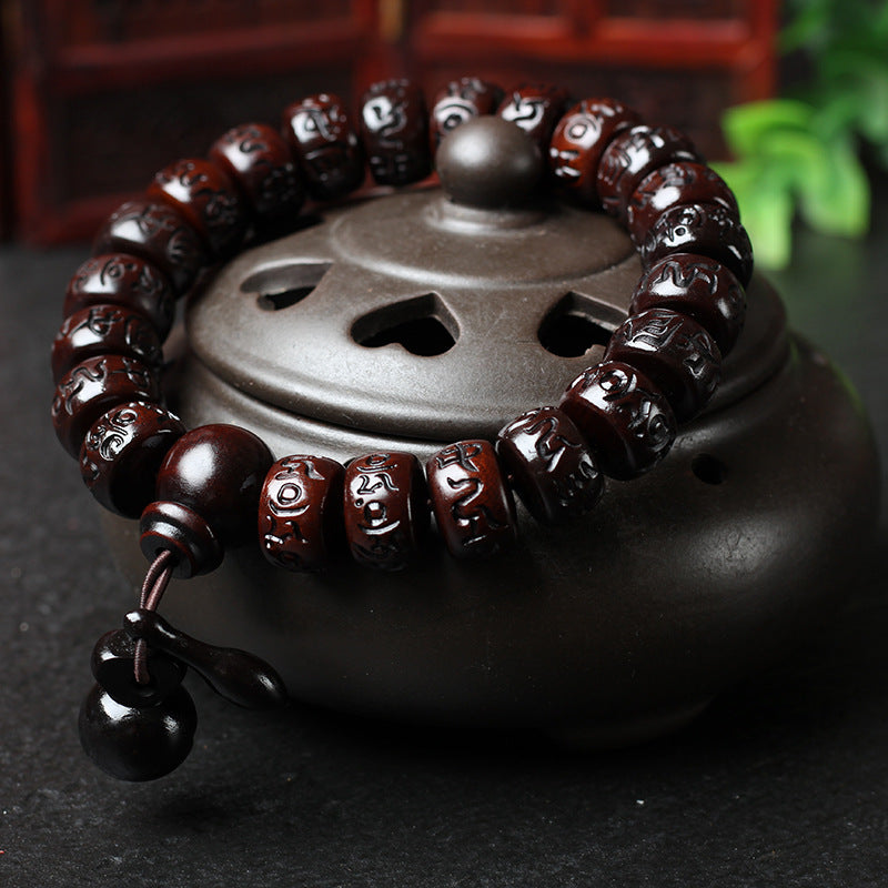 Men's Prayer Beads For Carved Six Words Mantra Chinese Block Barrel Bracelet
