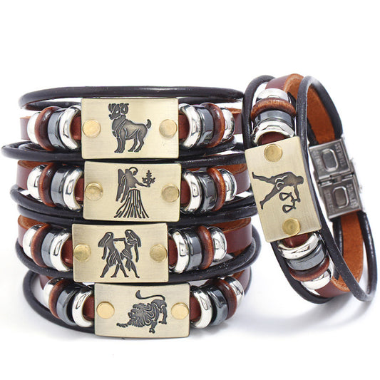 Punk Twee Constellation Cattle Leather Stainless Steel Bracelet