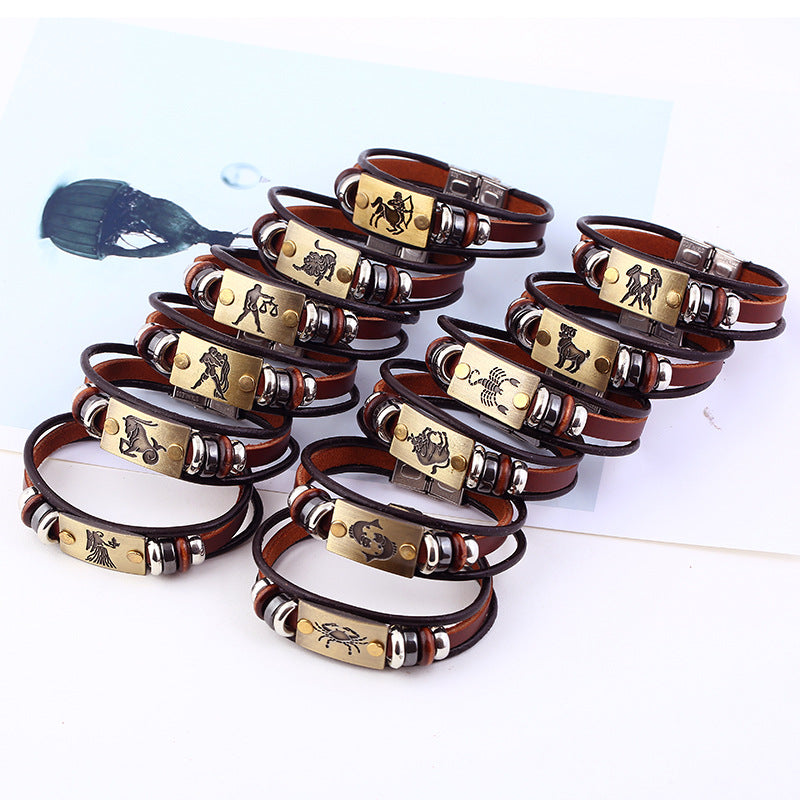 Punk Twee Constellation Cattle Leather Stainless Steel Bracelet