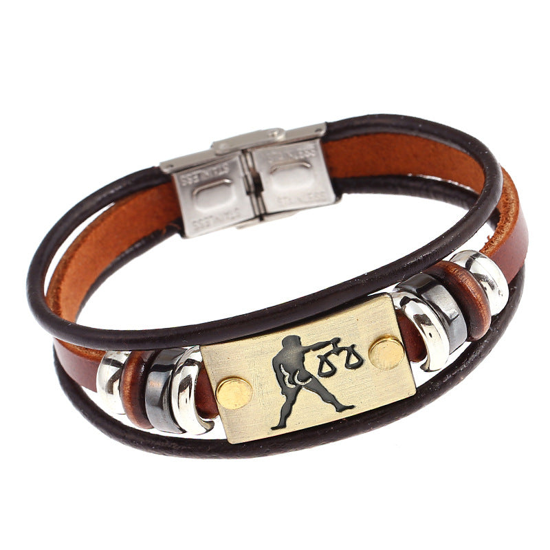 Punk Twee Constellation Cattle Leather Stainless Steel Bracelet