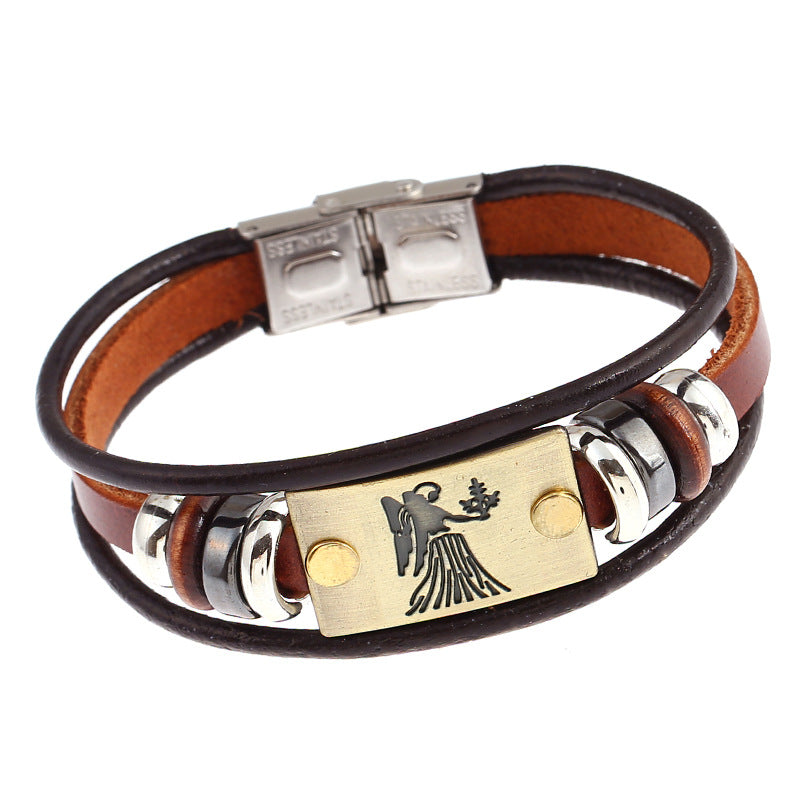 Punk Twee Constellation Cattle Leather Stainless Steel Bracelet