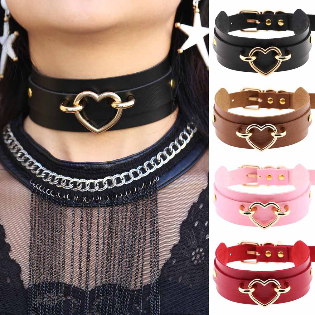 Leather Binding Street Shot Nightclub Sexy Peach Heart Neck Necklaces