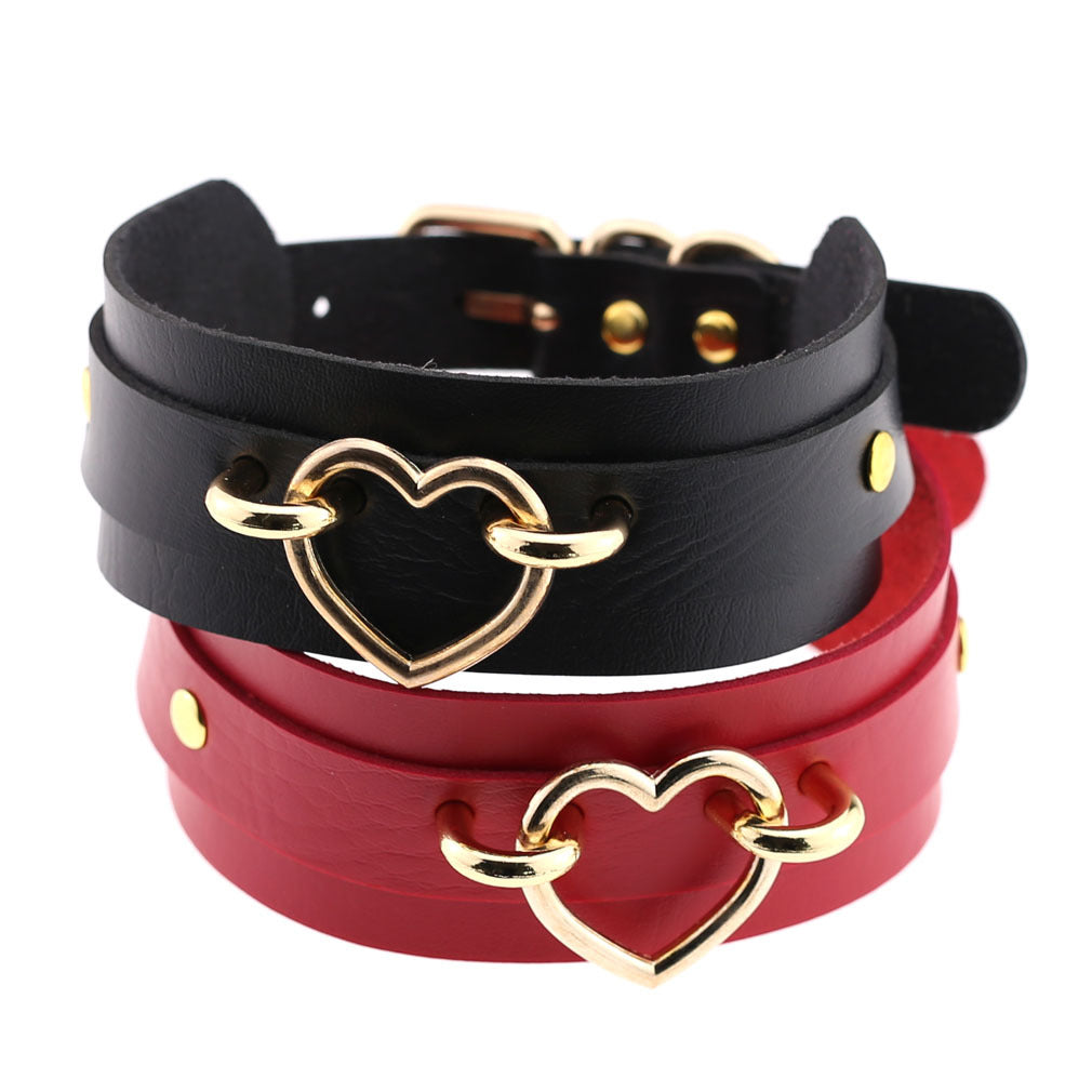 Leather Binding Street Shot Nightclub Sexy Peach Heart Neck Necklaces