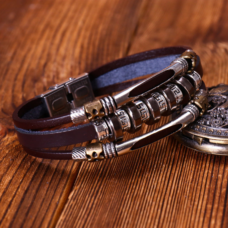 Men's Variety Of Cattle Leather Woven Gift Retro Stainless Steel Bracelet