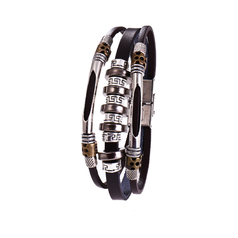Men's Variety Of Cattle Leather Woven Gift Retro Stainless Steel Bracelet