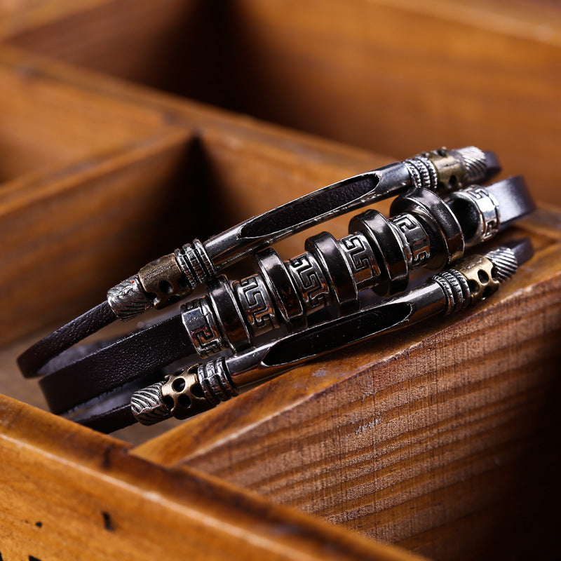 Men's Variety Of Cattle Leather Woven Gift Retro Stainless Steel Bracelet