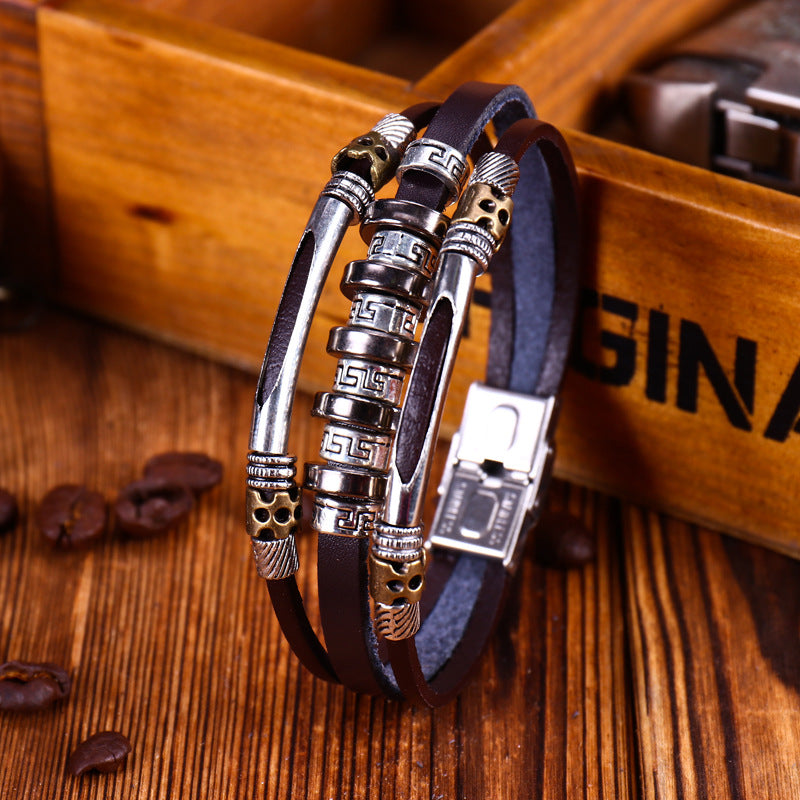 Men's Variety Of Cattle Leather Woven Gift Retro Stainless Steel Bracelet