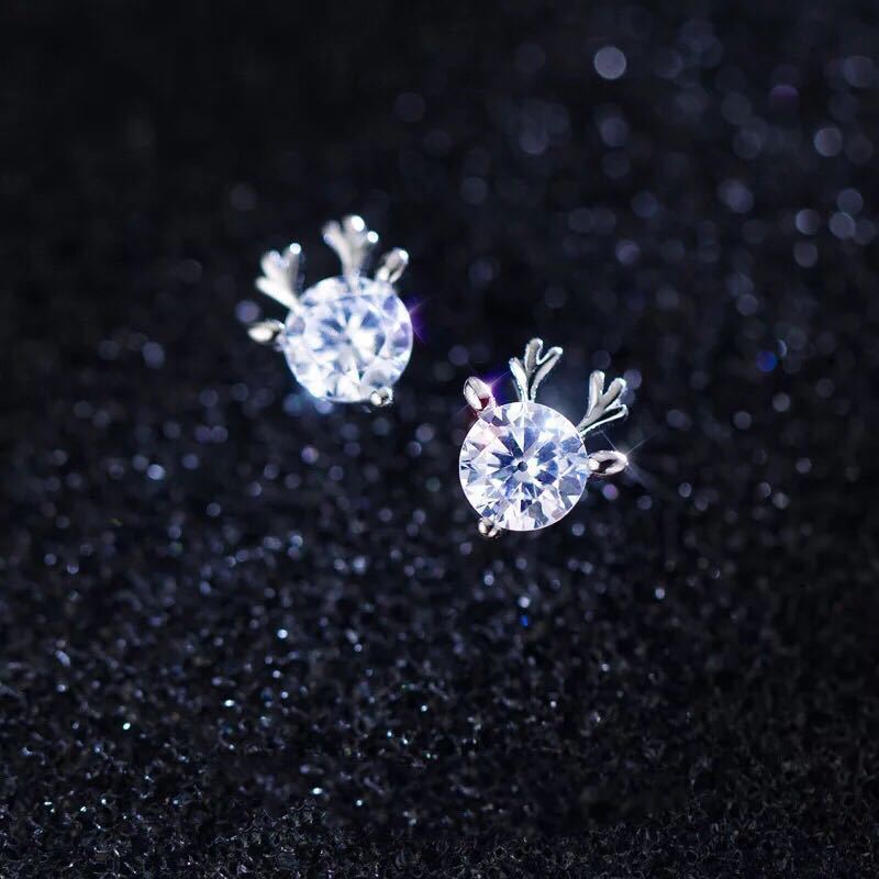 Women's Sier-plated Simple Single Diamond Little Dear Antlers Cute Graceful Rings