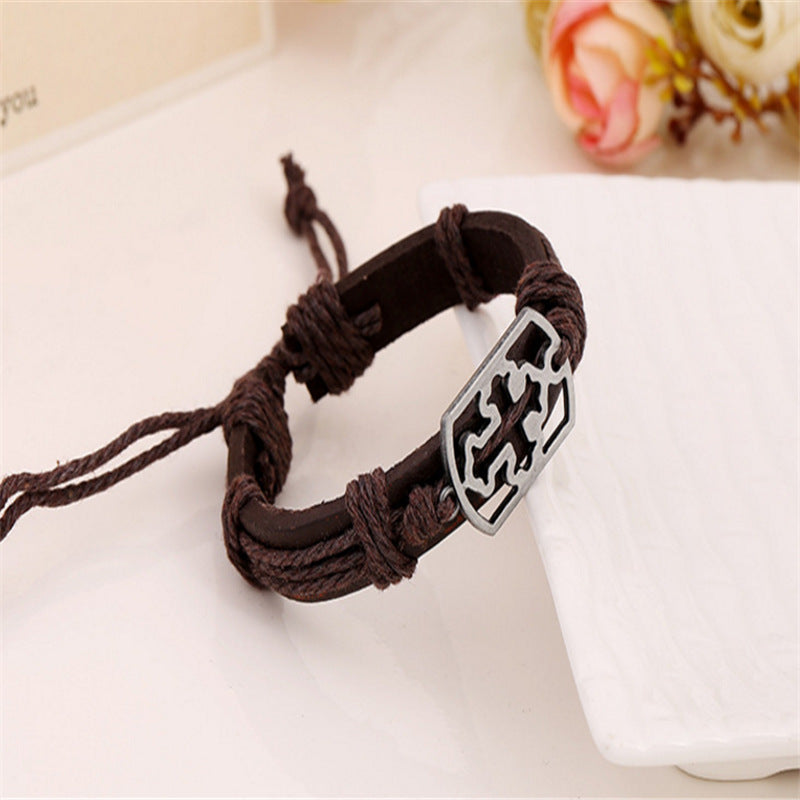 Fashion Woven Leather Hollow Alloy Cattle Bracelet