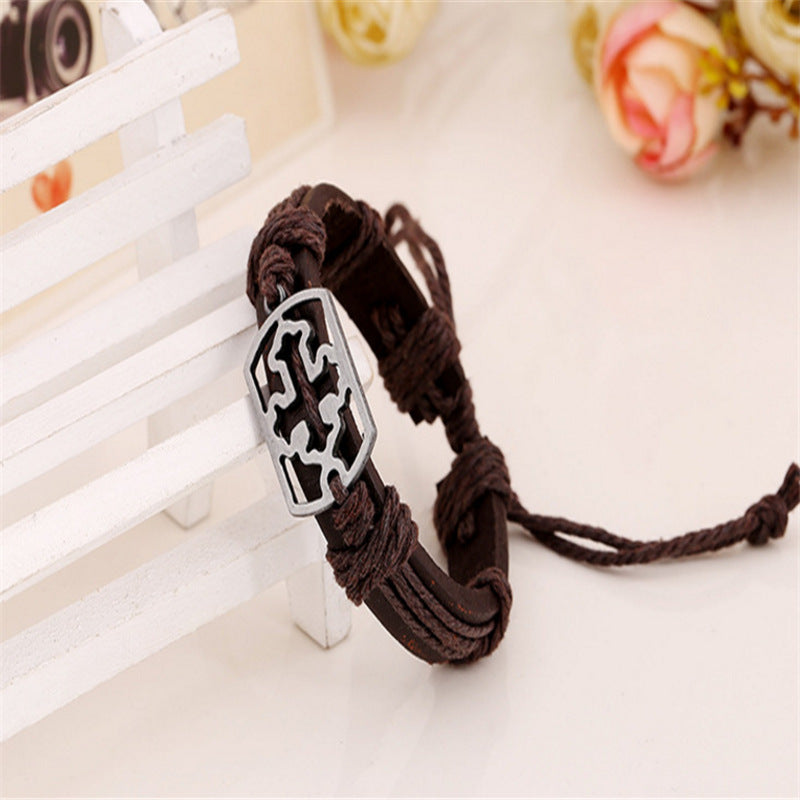 Fashion Woven Leather Hollow Alloy Cattle Bracelet