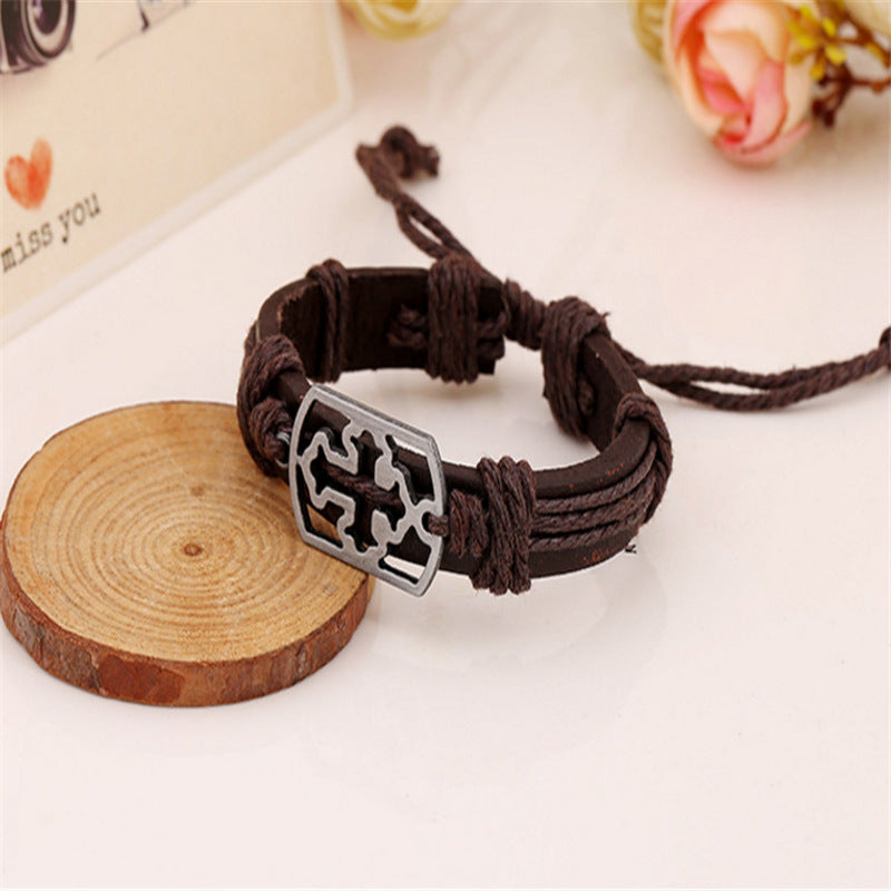 Fashion Woven Leather Hollow Alloy Cattle Bracelet