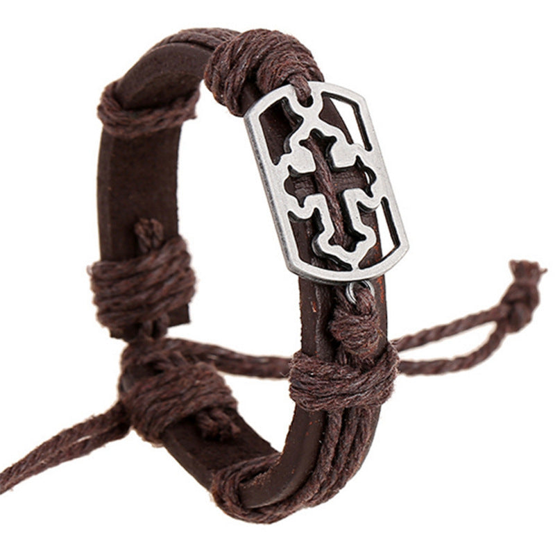 Fashion Woven Leather Hollow Alloy Cattle Bracelet