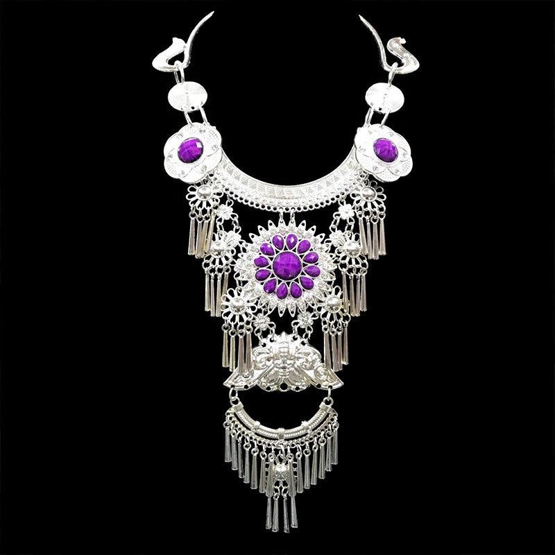 Style Miao Retro Large Rhinestone Gem Sier Collar