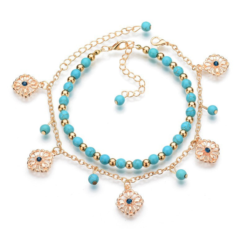 Women's Bohemian Style Turquoise Beaded Blue Diamond Flower Disk Tassel Combination Bracelet