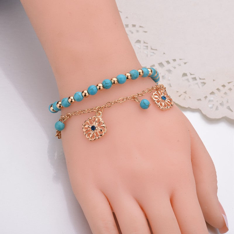 Women's Bohemian Style Turquoise Beaded Blue Diamond Flower Disk Tassel Combination Bracelet