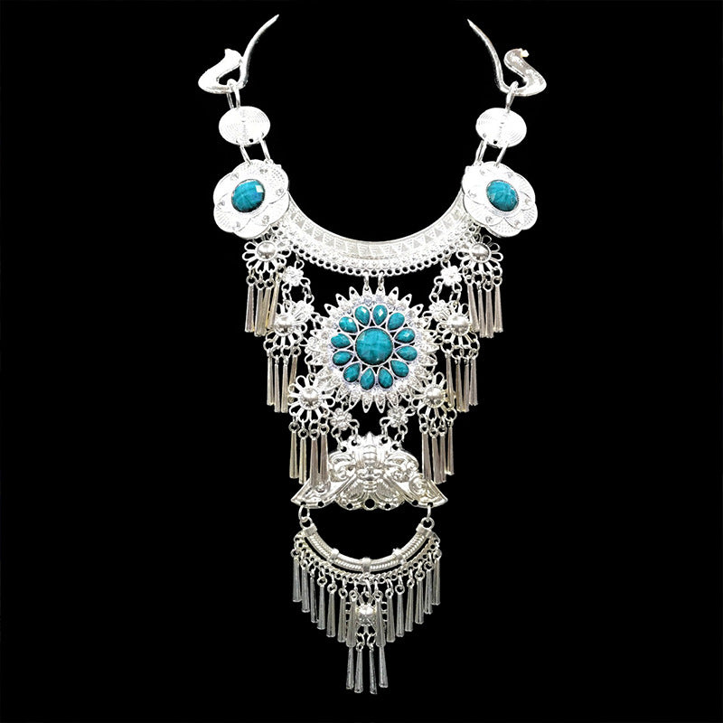 Style Miao Retro Large Rhinestone Gem Sier Collar