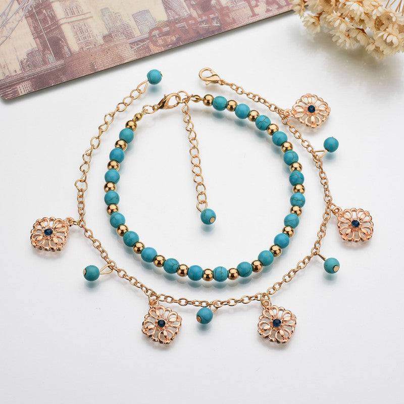 Women's Bohemian Style Turquoise Beaded Blue Diamond Flower Disk Tassel Combination Bracelet