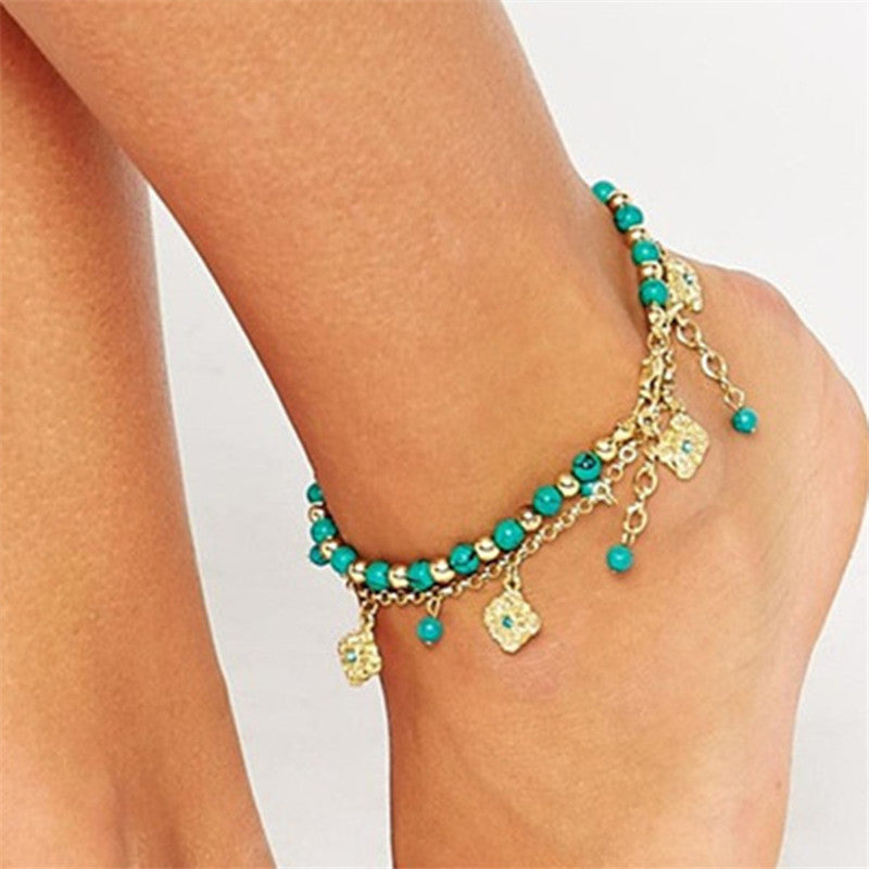 Women's Bohemian Style Turquoise Beaded Blue Diamond Flower Disk Tassel Combination Bracelet