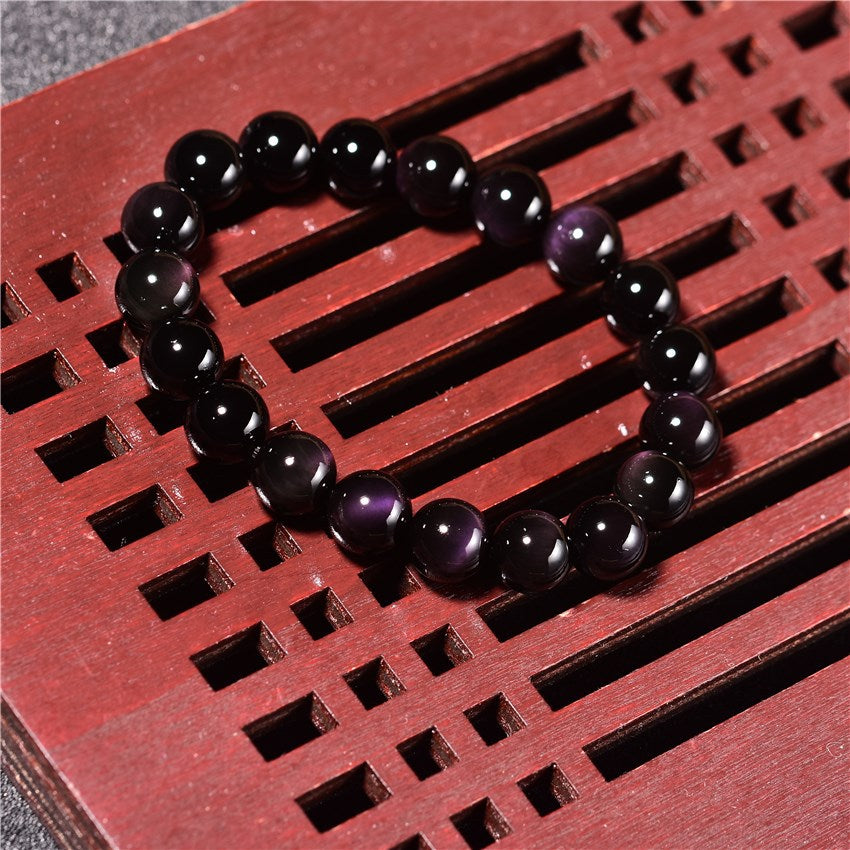 Women's & Men's Natural Mexican Full Green Eye Purple Obsidian Single Bracelet