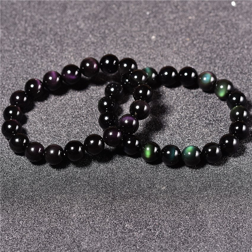 Women's & Men's Natural Mexican Full Green Eye Purple Obsidian Single Bracelet