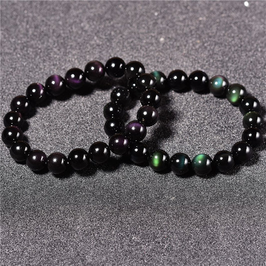Women's & Men's Natural Mexican Full Green Eye Purple Obsidian Single Bracelet