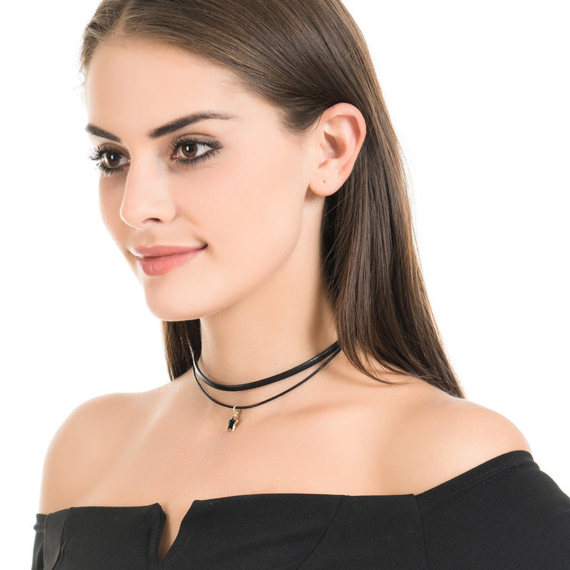 Star Black Leather Rope Gold Clavicle Collar