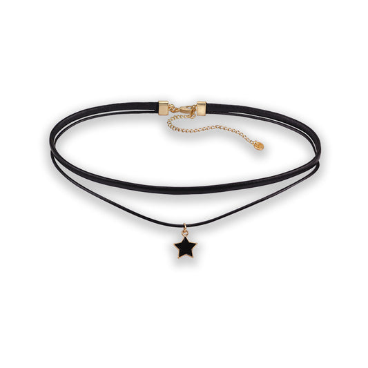Star Black Leather Rope Gold Clavicle Collar