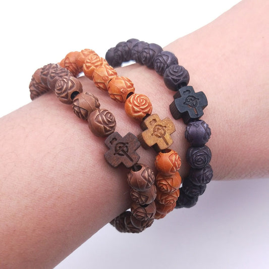 Imitation Wood Rose Beads Beaded Rosary Bracelet