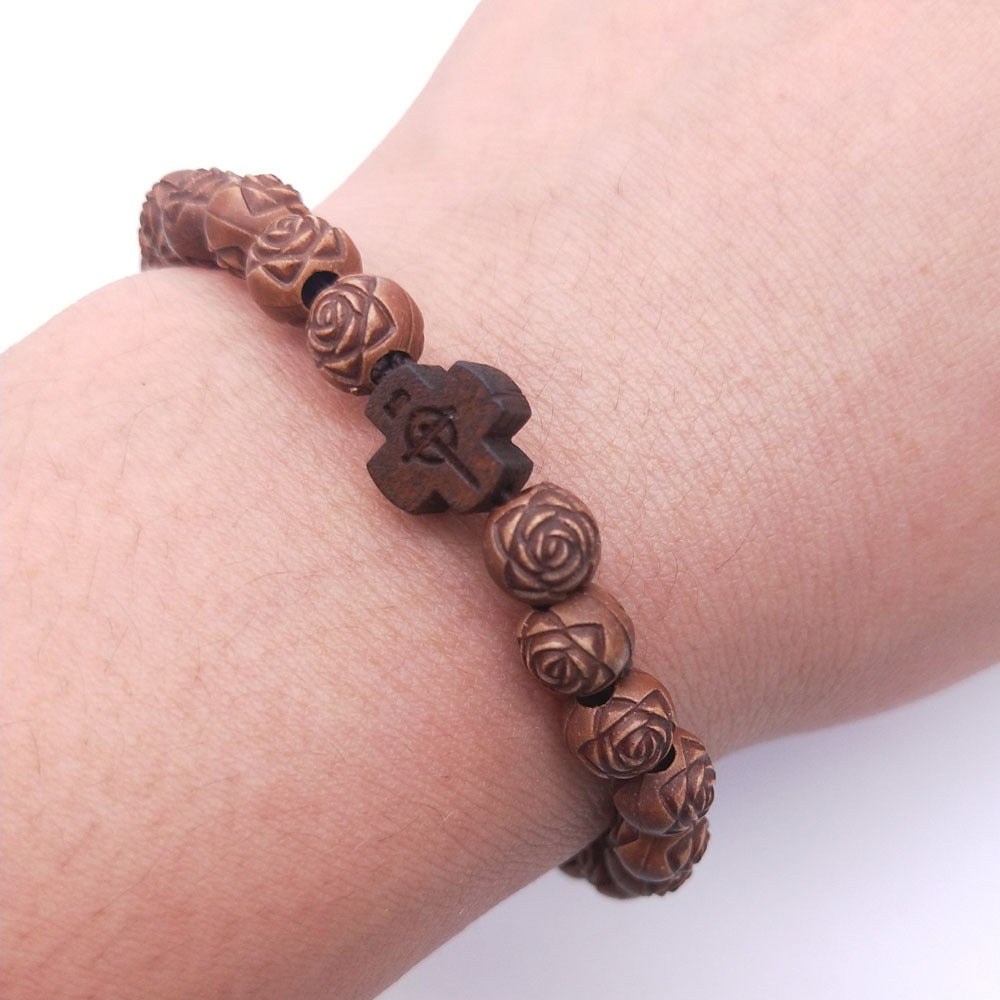 Imitation Wood Rose Beads Beaded Rosary Bracelet