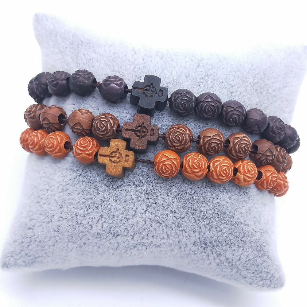 Imitation Wood Rose Beads Beaded Rosary Bracelet