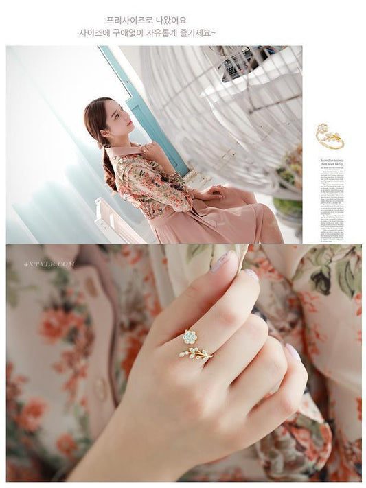 Refined Rhinestone Twisted Leaves Flower Open Rings