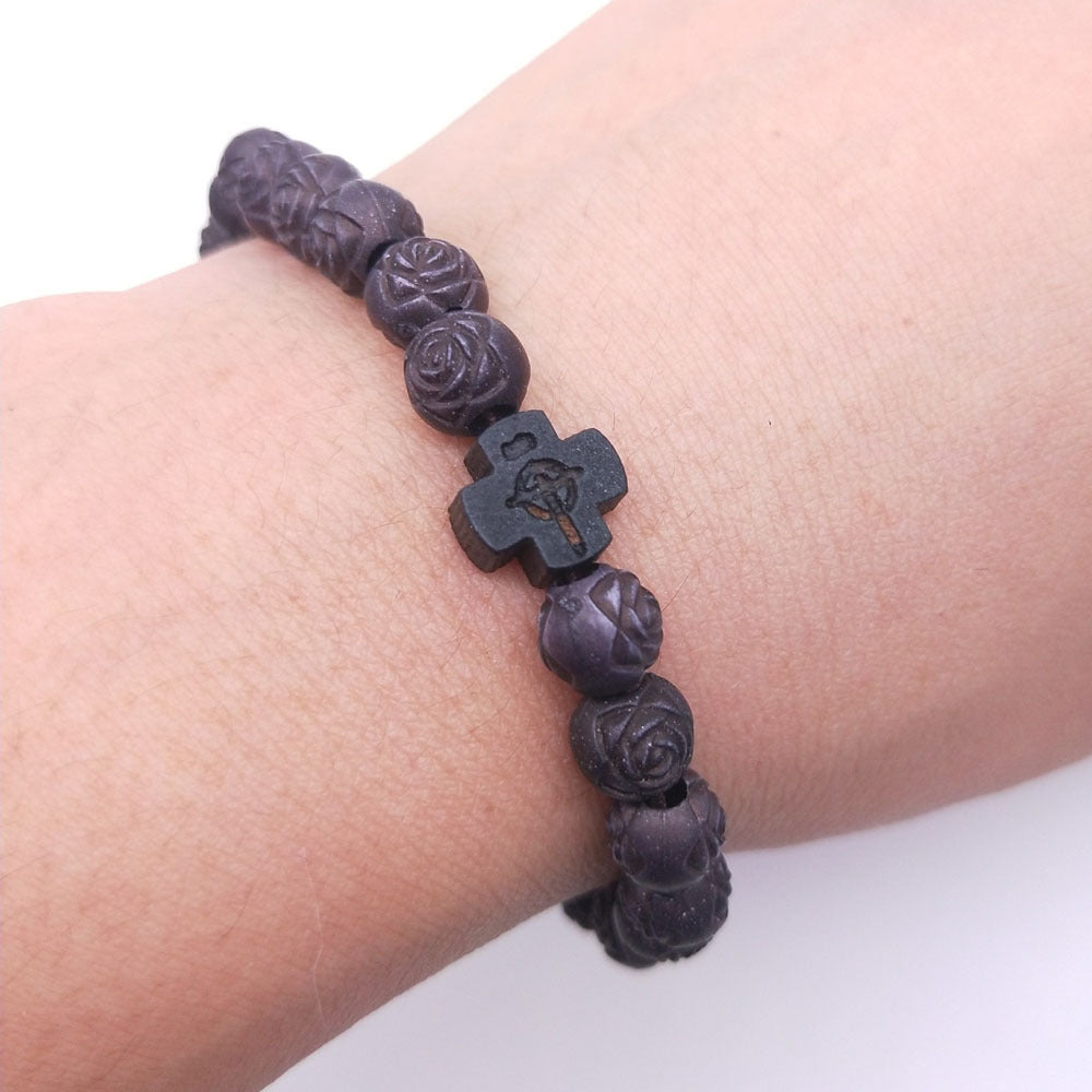 Imitation Wood Rose Beads Beaded Rosary Bracelet