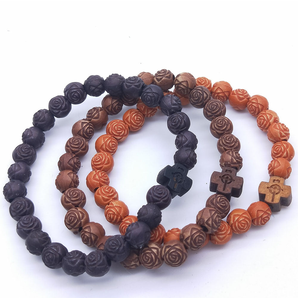 Imitation Wood Rose Beads Beaded Rosary Bracelet