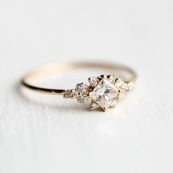 Inlaid Square Diamond Zircon Gold Engagement Ring