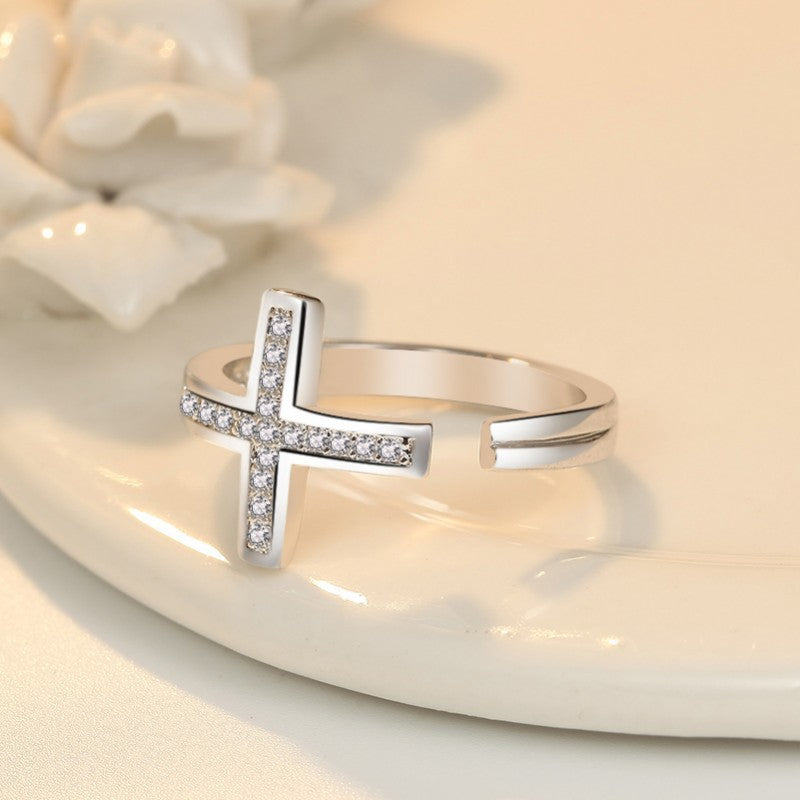 Korean Style Rhinestone Zircon Cross Unique Geometric Ring