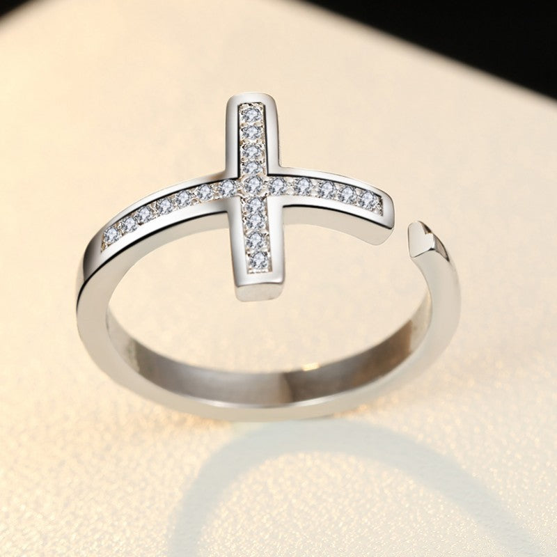 Korean Style Rhinestone Zircon Cross Unique Geometric Ring