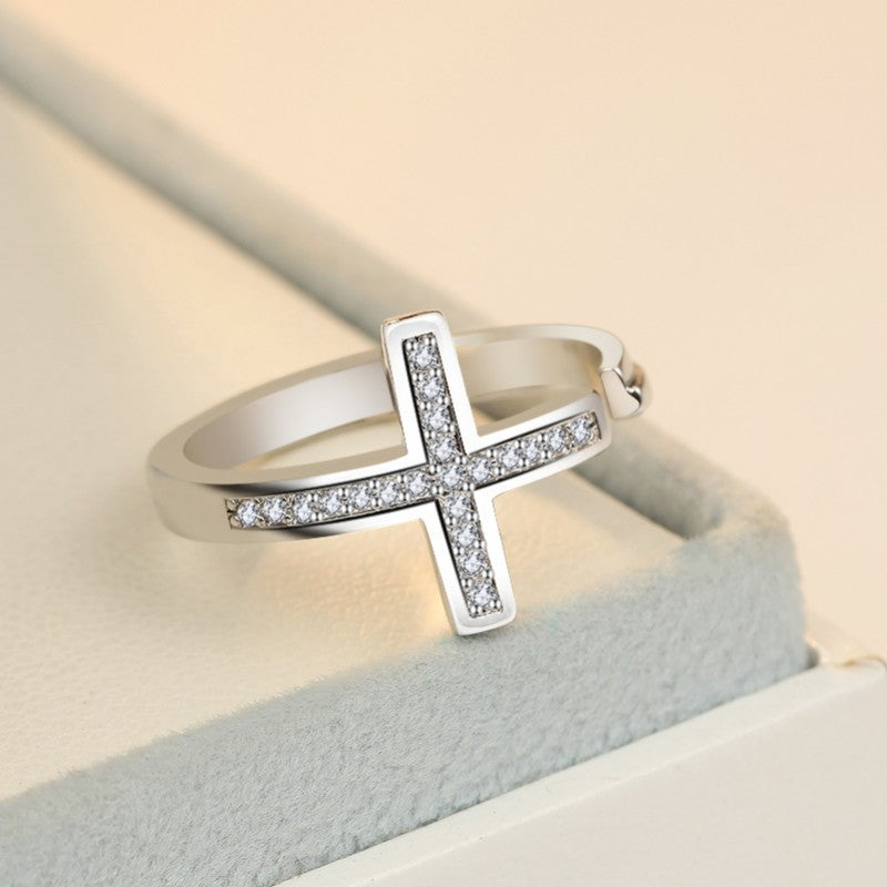 Korean Style Rhinestone Zircon Cross Unique Geometric Ring