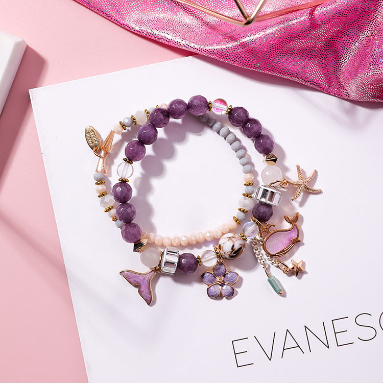 Vacation Style Whale Tail Double Layer Stretch Personality Vintage Flower Bracelet