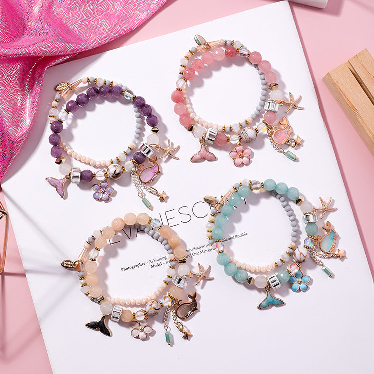 Vacation Style Whale Tail Double Layer Stretch Personality Vintage Flower Bracelet
