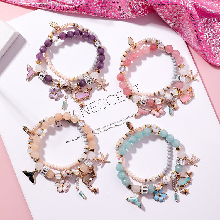Vacation Style Whale Tail Double Layer Stretch Personality Vintage Flower Bracelet